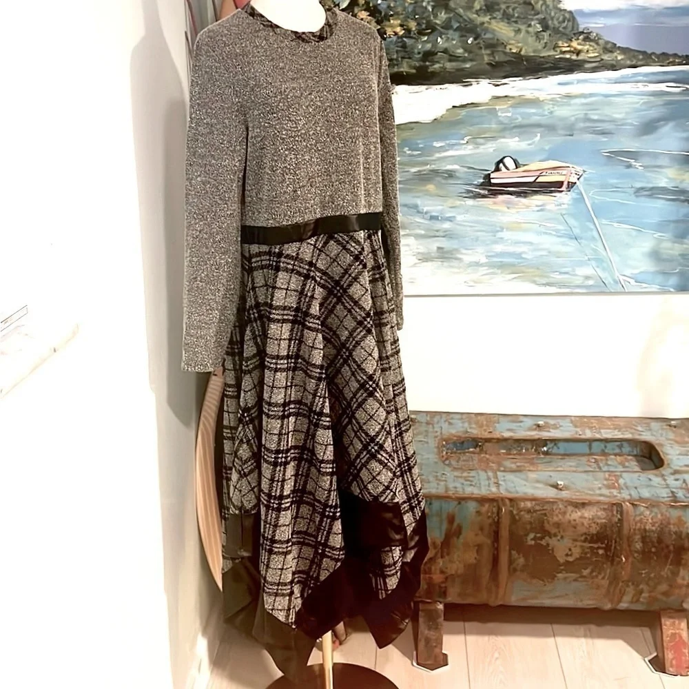 VTG CHI CHI,Asymmetric Plaid Mixed Media Knit Dress,Faux Leather-Hem,USA Size XL